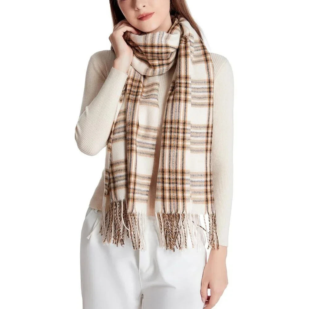 Women's Fine Plaid Beige Fashion Long Shawl Big Grid Winter Warm Lattice Scarf